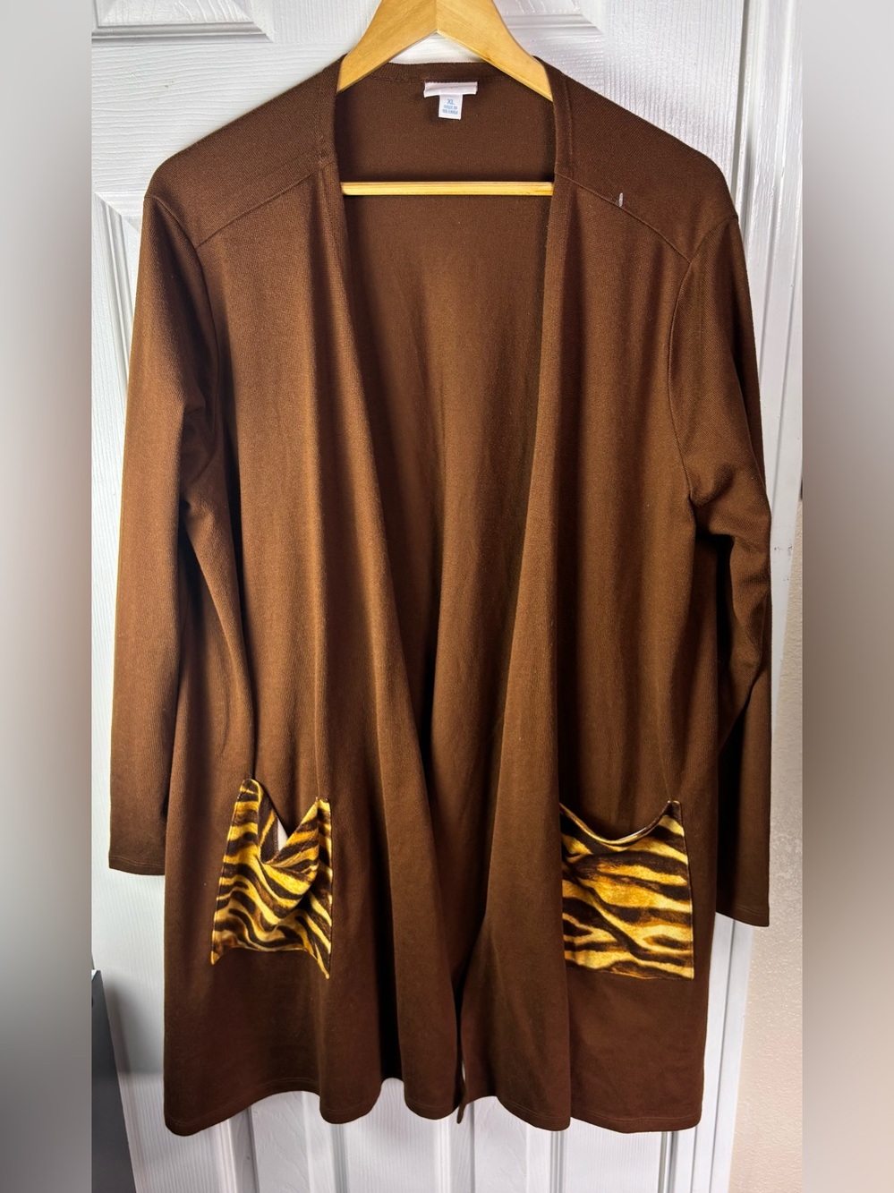 LuLaRoe Brown Open-Front Cardigan with Yellow Tiger-Print Pockets